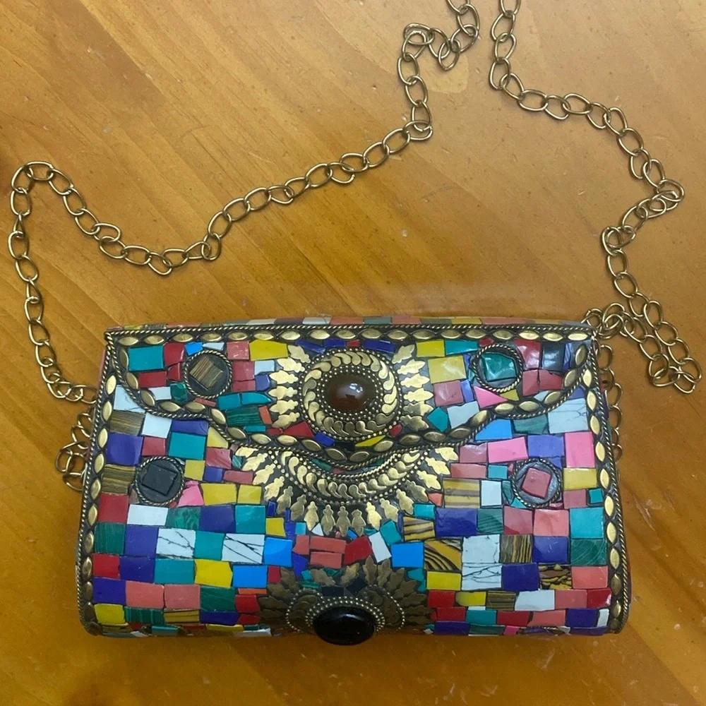 Clutch Crossbody Handcrafted Mosaic Stone Tiles Bag Chain Ornate Metal ANTIQUE - Picture 13 of 15